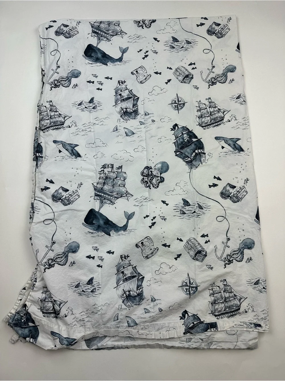Pottery Barn Kids Wilder Ship Flat Sheet Ships Sharks Twin Cotton